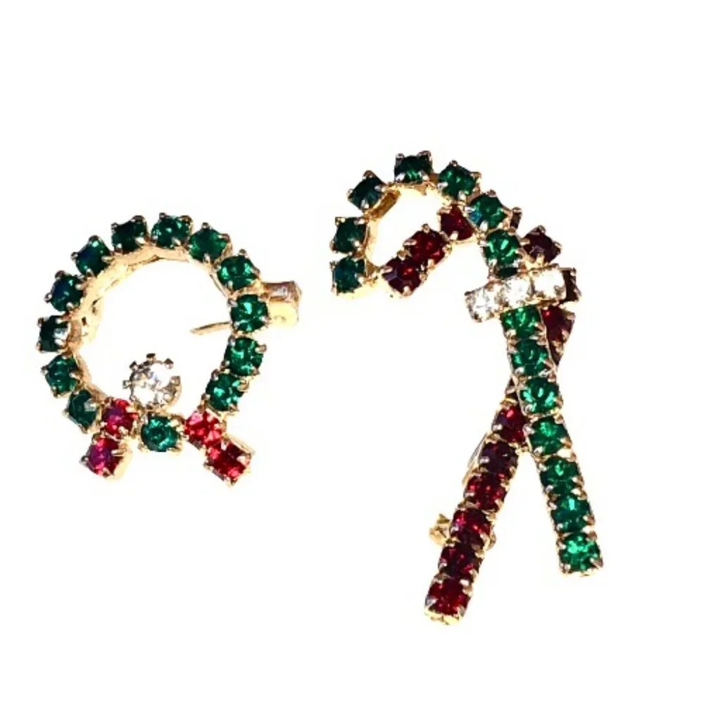 Vintage Christmas Brooch CANDY CANE + WREATH Rhinestones 2 Pins